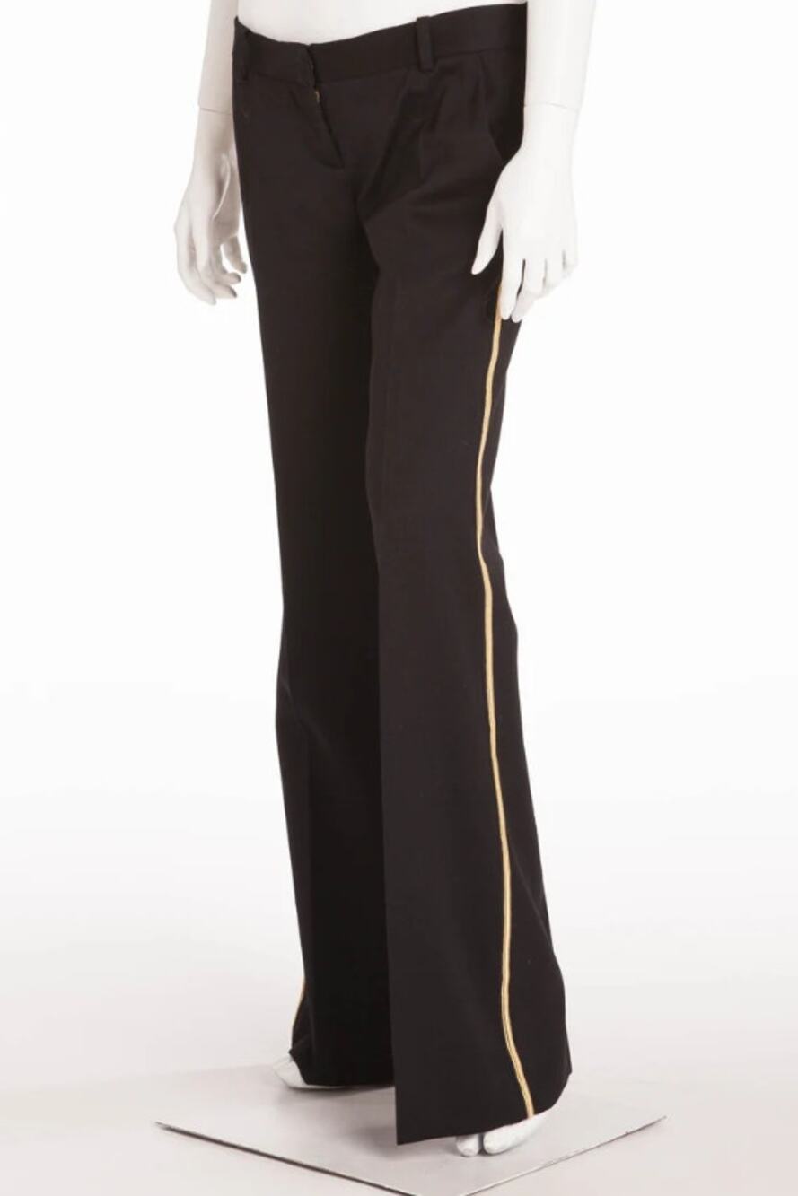 Balmain Paris Wool Flare Leg Trouser with Gold Stripe in Black, Size 38